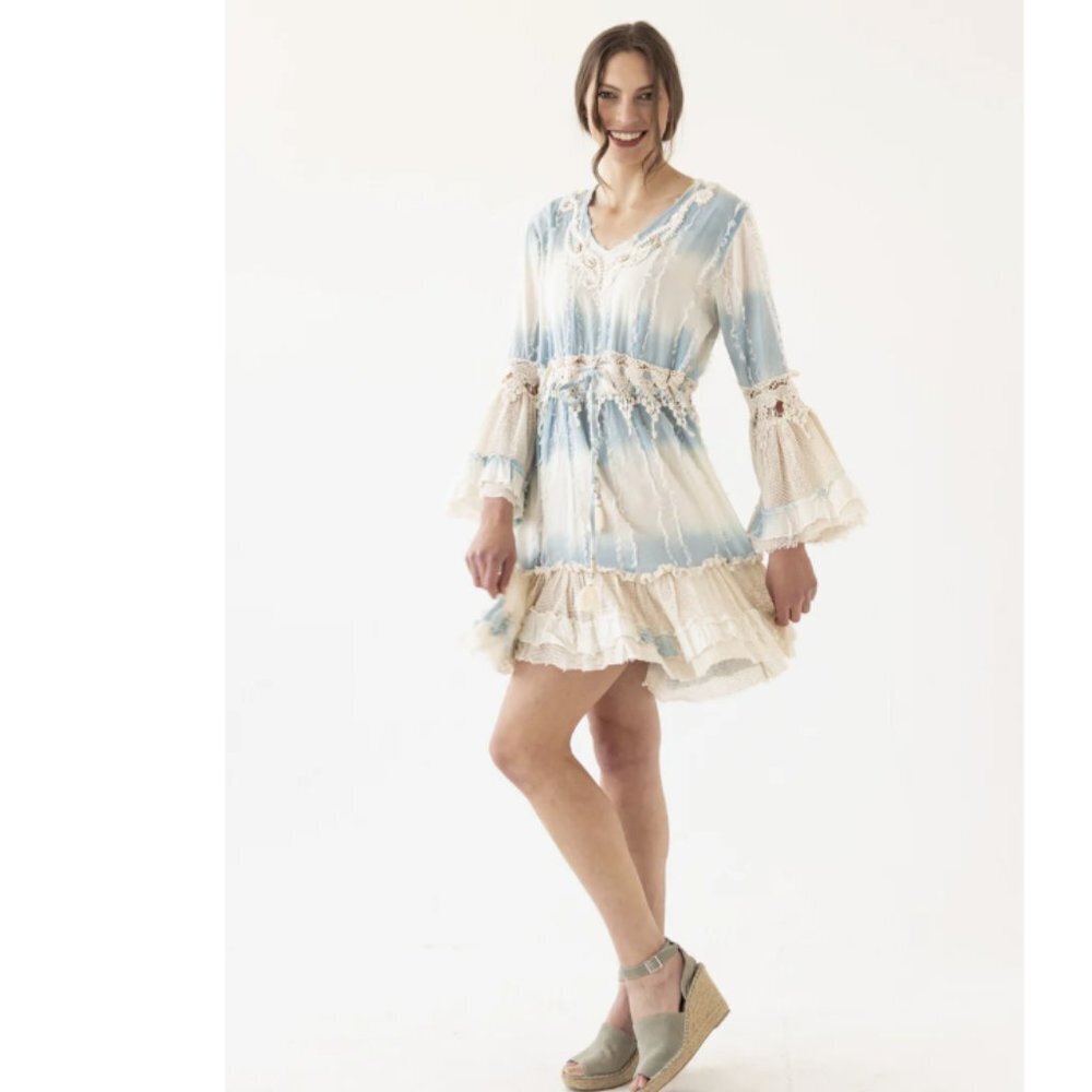 Bognar Blu Blue Cream Tie Dye Flare Sleeve Fairy Boho Layered Dress M/L Festival